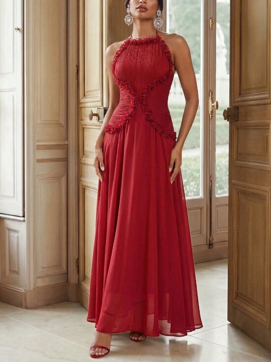 Dresses & Skirts - Red Elegant Women's Spaghetti Strap Ruched Waist Flounce Hem Maxi Dress